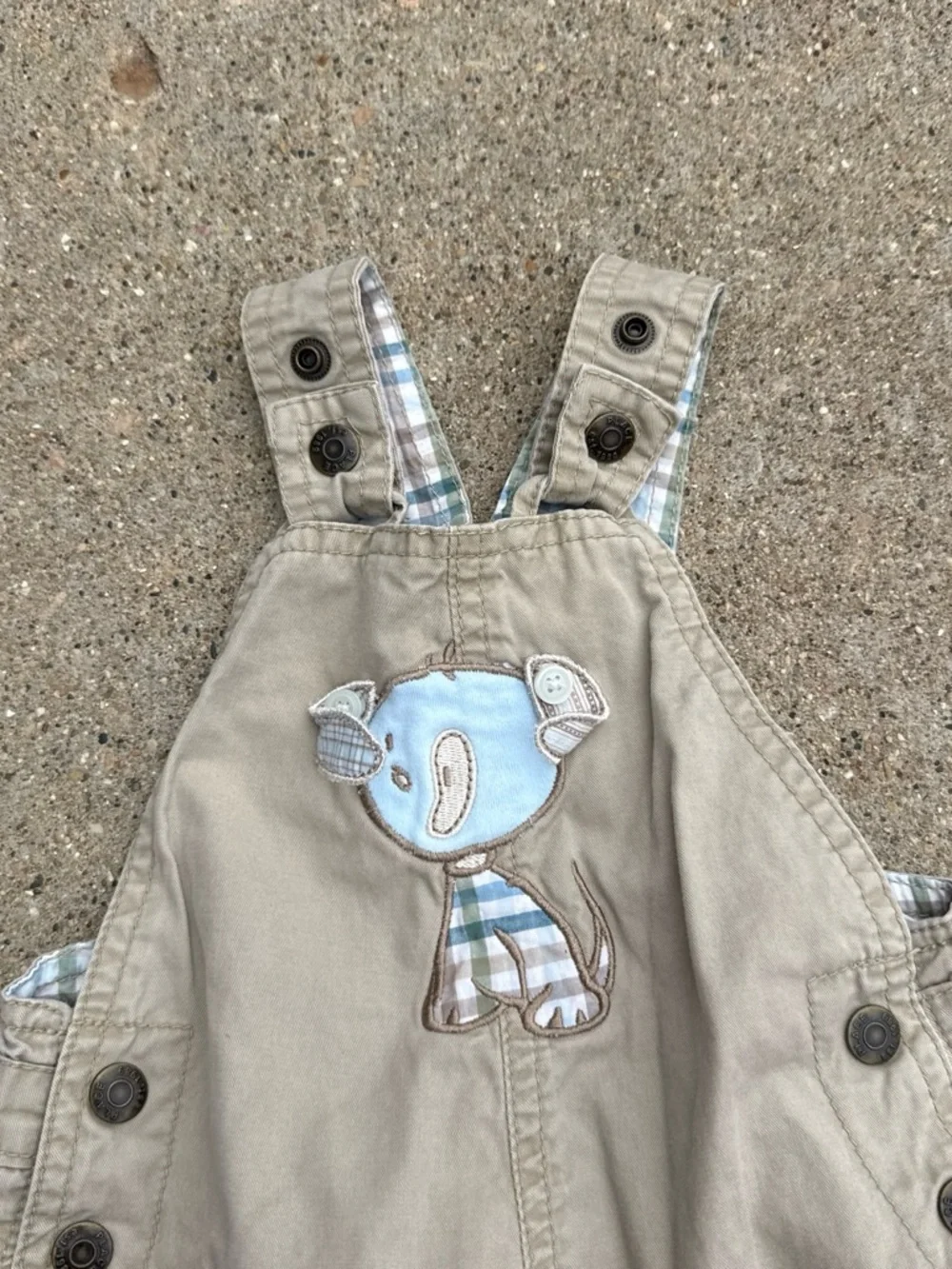 The Children's Place Beige Overalls with Blue Elephant Appliqué